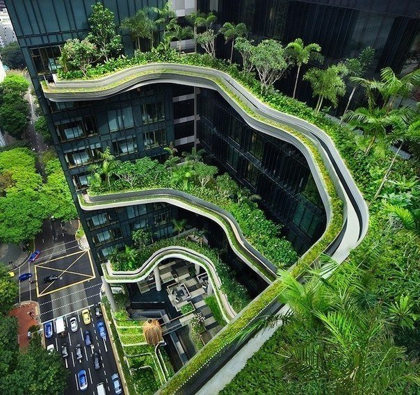 El hotel y jardín Parkroyal en Singapur