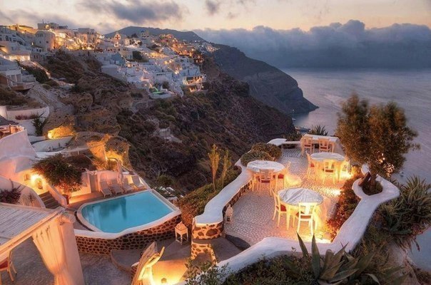 Evening at the hotel cafe on the island of Santorini, Greece