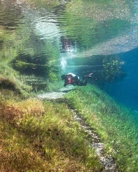 Подводный парк Зелёное озеро в Австрии . Весной уровень воды в озере сильно поднимается из-за таяния снега в горах, поэтому талая вода затапливает этот живописный район на 4-5 м