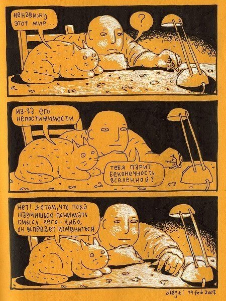 Автор философских комиксов «Человек и Кот» — Олег Тищенков — один из лучших российских и мировых иллюстраторов. В его рисованных историях художник и его домашний любимец ведут беседы, которые вызывают улыбку и заставляют задуматься. Парочка рассуждает про - 5