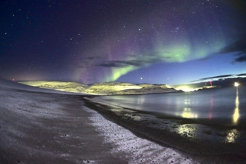 Aurora borealis above the Barents Sea, Russia