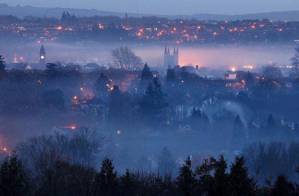 Evening fog over Newbury, England