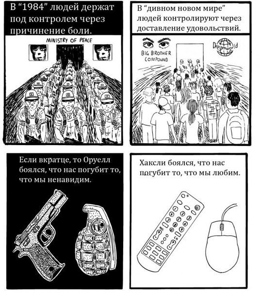 Нас губит то, что мы любим. Возможно, Олдос Хаксли был прав в своих подозрениях.. Этот комикс составлен на основе книги «Развлекая себя до смерти» философа Нила Постмана, который критиковал СМИ и, в частности, телевидение в информационную эру. Он сравнил  - 9