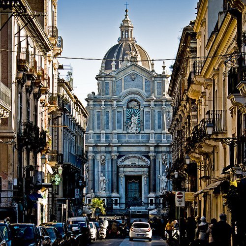 The port city of Catania in the background of the volcano Etna, Sicily, Italy - 1